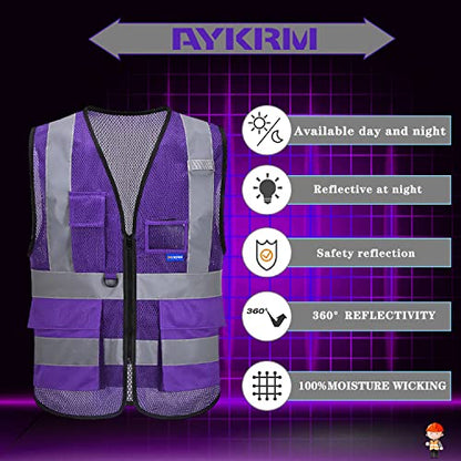 A-SAFETY Hi-Vis Mesh Vest, Clear ID Holder, Black Front Zipper, Purple, XL - color: Purple Mesh, size: X-Large