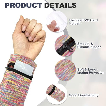 Wrist Pouch, Wrist Wallet Wristband with PVC Card Pouch Zipper Wristband Sports Sweatbands for Men and Women - color: Rainbow Stripes