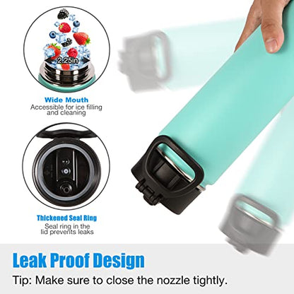 Volhoply Insulated Water Bottles with Straw Bulk 2 Pack, 22 oz Stainless Steel Sports Bottle with Handle Lid, Reusable Double Walled Vacuum Metal Travel Cold Water Cups with Wide Mouth (Mint,2 Set) - color: Mint