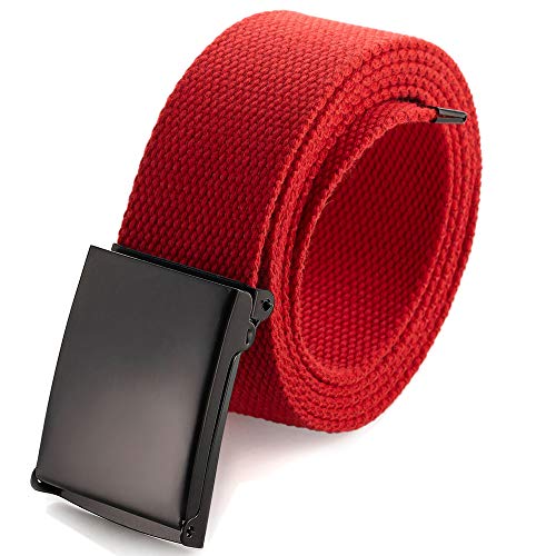 Mile High Life Cut To Fit Canvas Web Belt Size Up to 52" with Flip-Top Solid Black Military Buckle - color: 1 Pack Red