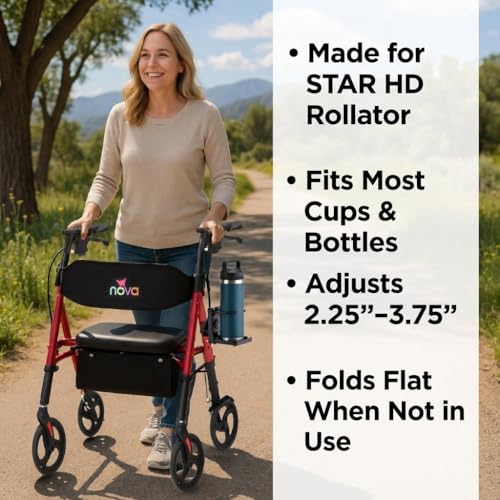 NOVA Adjustable Cup Holder for Star 4259 & Express Rollator, Cup Holder for Oval Tube Rollator Walkers, Adjustable & Foldable Drink Holder, Durable Plastic, Easy Install