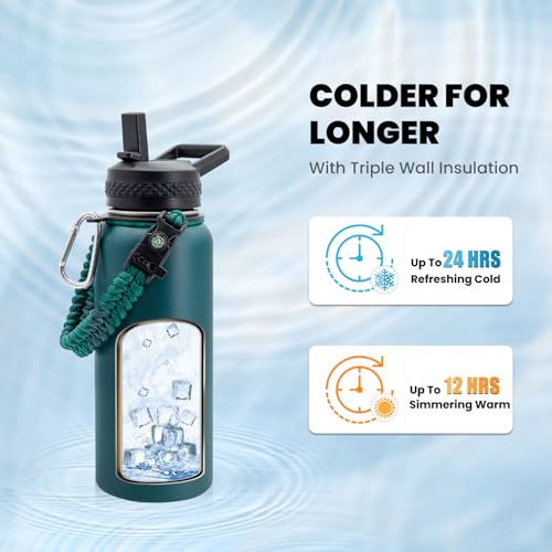 RAYMYLO Insulated Water Bottle 32 oz, Triple Wall Vacuum Stainless Steel - color: Dark Green, size: 32 Ounces