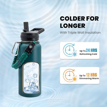 RAYMYLO Insulated Water Bottle 32 oz, Triple Wall Vacuum Stainless Steel - color: Dark Green, size: 32 Ounces