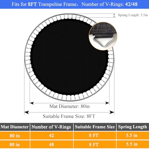 Trampoline Mat, Dia:60"/80", Fits 6FT/8FT Frame, with 36/42/48 V-Rings for Choose and Spring Tool, Reinforce, UV-Resistant, Not Include Spring - size: Fit 8 FT FRAME, style: 80" Diam | 48 V-Rings | Fits 5.5" SpringsLength