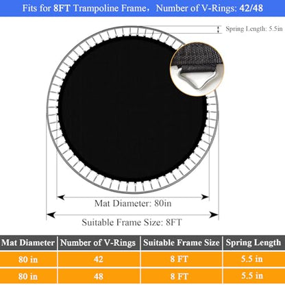 Trampoline Mat, Dia:60"/80", Fits 6FT/8FT Frame, with 36/42/48 V-Rings for Choose and Spring Tool, Reinforce, UV-Resistant, Not Include Spring - size: Fit 8 FT FRAME, style: 80" Diam | 48 V-Rings | Fits 5.5" SpringsLength