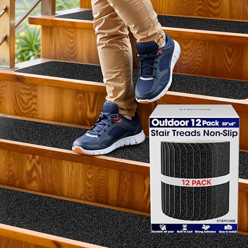 Outdoor Stair Treads Non Slip – 30" x 6" – 12-Pack Waterproof 80-Grit Grip Strips for Wooden Steps – Anti Slip & Anti Skid Step Treads – by STEPCORE - color: Black - Outdoor, size: 6" x 30" x 12 Pack