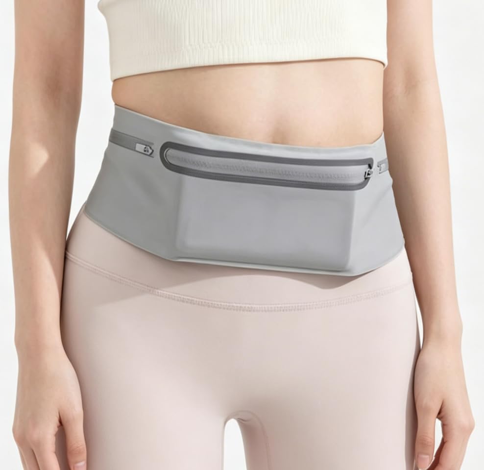 Reflective Waterproof Running Waist Belt Fanny Pack, Slim Invisible 3 Pocket Adjustable Phone Holder Bag, Outdoor Jogging Hiking Sports Waist Pack for Men Women Grey