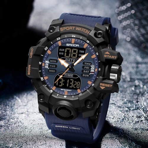FANMIS Men's Analog Digital Sports Watch 50M LED Backlight Military Watch - color: X Black Blue