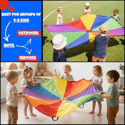 Activejoy - Parachute for Kids - 8ft /12ft / 16ft / 20ft / 24 ft / 30ft - Rainbow Parachute Toy with Handles - Great for Gym Class, Field Day & Outdoor Games - size: 8FT - 8 HANDLES