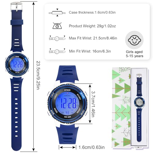 DTKID Digital Kids Watch 30 M Waterproof for Girls Boys 5-16 - color: dark blue
