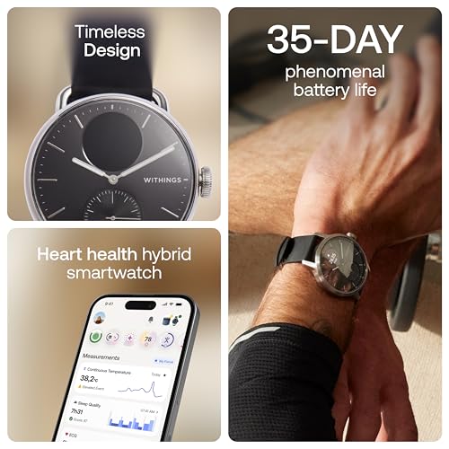 WITHINGS ScanWatch 2 - Hybrid Smart Watch, Heart Rate Monitoring, Fitness Tracker, Cycle Tracker, Sleep Monitoring, GPS Tracker, 30-Day Battery Life, Android & Apple Compatible, HSA/FSA - color: Black, style: Scanwatch 2 - 38mm