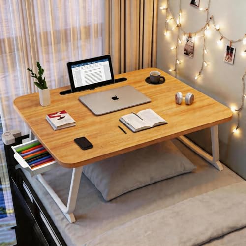 Lap Desk with Drawer, Tablet Slot, Cup Holder - Fits up to 18 Inch Laptops, Folding Bed Desk for Reading, Writing, Eating, Portable Laptop Table for Sofa, Coach, Floor (27.6", Walnut) - color: Walnut