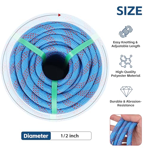 1/2in x 150ft Double Braided Arborist Rigging Rope, 48 Strands Polyester 8000LBS Heavy Duty Climbing Bull Rope for Tree Swing Rappelling Rescue Camping - size: 1/2in x 150ft, style: Blue