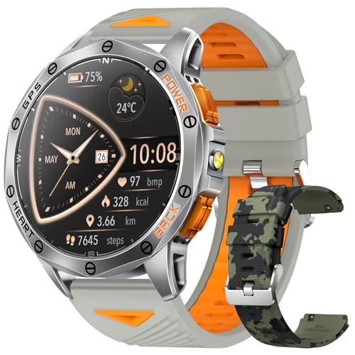 Military Smart Watch for Men, Built-in GPS, 30-day standby, 1.43" AMOLED - color: Sivler & Camo (2 Bands)
