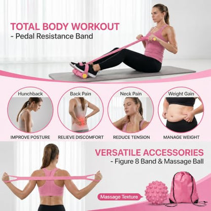5PCS Ultimate Multifunction Pedal Resistance Bands with Handles - Foot Pedal Resistance Band for Total Body Workout, Includes Massage Ball,Bag &Quick Start Guide - color: Pink