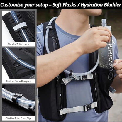 Running Hydration Vest for Women and Men. Reflective, 8 Pocket, Quick Dry, Water-Resistant, Breathable, Adjustable Backpack for Runs, Hiking, Cycling, Trails, Marathons - style: Black Vest + 1.5L Bladder + 2x 500ml Soft Flasks