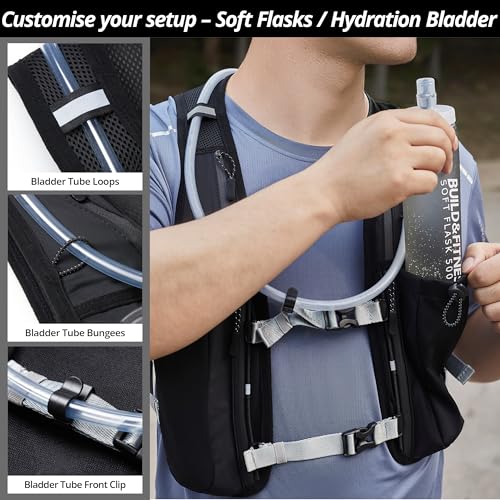 Running Hydration Vest for Women and Men. Reflective, 8 Pocket, Quick Dry, Water-Resistant, Breathable, Adjustable Backpack for Runs, Hiking, Cycling, Trails, Marathons - style: Black Vest + 2x 500ml Soft Flasks