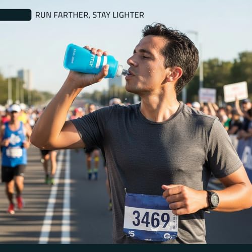 FITLY Soft Flask 8.5 oz 250ml (2 Pack), Collapsible Running Water Bottles for Hydration Pack and Running Vest, BPA Free Soft Water Bottles with Bite Valve for Hiking, Cycling & Skiing - Black & Blue