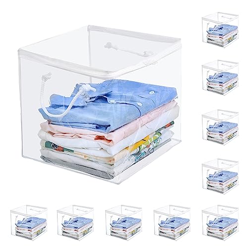 10-Pack Clear Zippered Storage Bags with Handles, Two-Way Zipper Foldable Closet Organizer, Bed Sheet Organizer, Plastic Storage Bin for Clothes, Towels - color: Clear, size: 11.81 x 11.81 x 11.81 inches