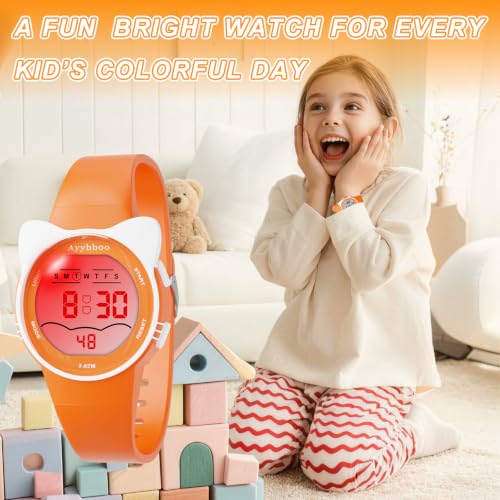 Kids Waterproof Watch 7 Color Light Alarm - color: Orange