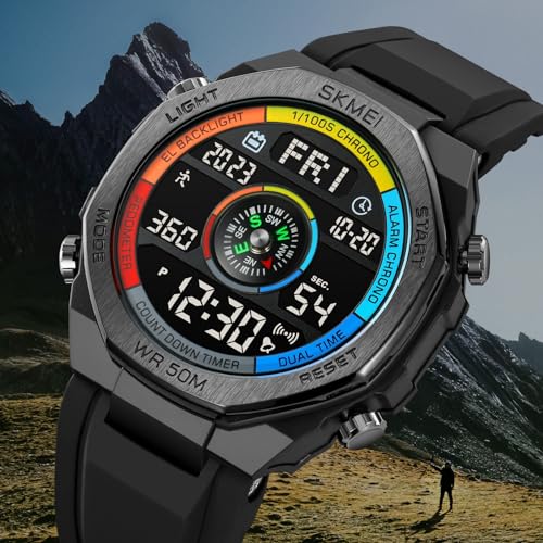 FANMIS Men's Digital Outdoor Sports Watch Pedometer Watch Water Resistant - color: C Colorful Black