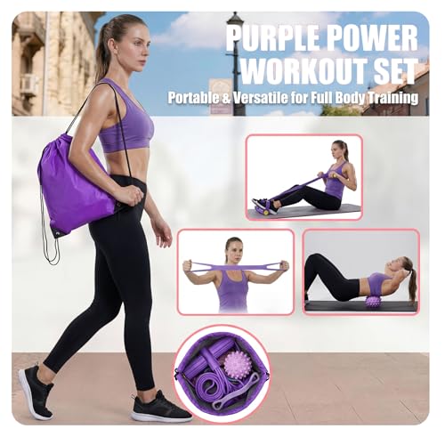 5PCS Ultimate Multifunction Pedal Resistance Bands with Handles - Foot Pedal Resistance Band for Total Body Workout, Includes Massage Ball,Bag &Quick Start Guide - color: Purple