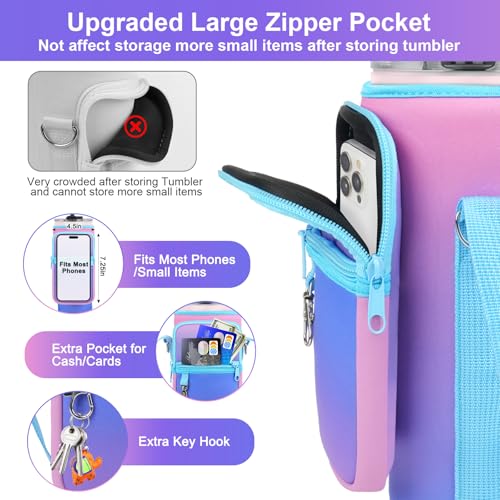 LEFOR·Z Water Bottle Carrier Bag with Phone Pocket Compatible with Stanley/Meoky 40 oz Tumbler with Handle,Water Bottle Holder Pouch with Adjustable Strap Compatible with Stanley Cup Accessories - color: Deep Blue-Purple Gradient-Style B
