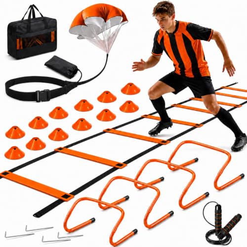 Simple Deluxe Agility Ladder Speed Training Equipment Set, 20ft Speed Ladder, 4 Adjustable Hurdles, Resistance Parachute, 12 Soccer Cones, Jump Rope, Ground Stakes for Football & Fitness - color: Orange