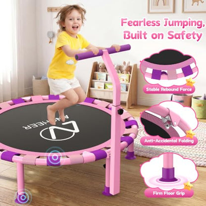 ANCHEER 38" Toddler Trampoline for Kids, ASTM Certified Foldable Mini Trampoline with Adjustable Foam Handle, Indoor & Outdoor Kids Trampoline, Quiet Design, 200 LBS Capacity, Easy Assembly - color: Pink Purple