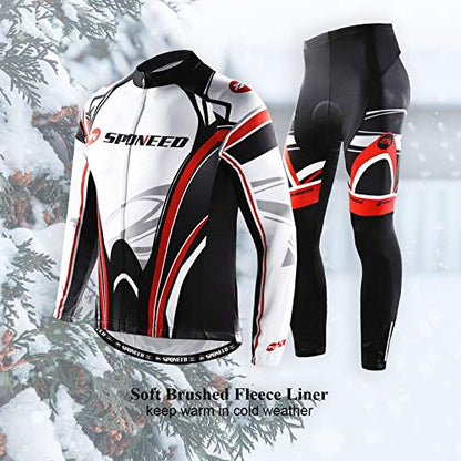 sponeed Men's Cycling Jersey Full Sleeve Riding Wear Long Sleeve T Shirts Pants - color: Fleece Red White, size: Medium