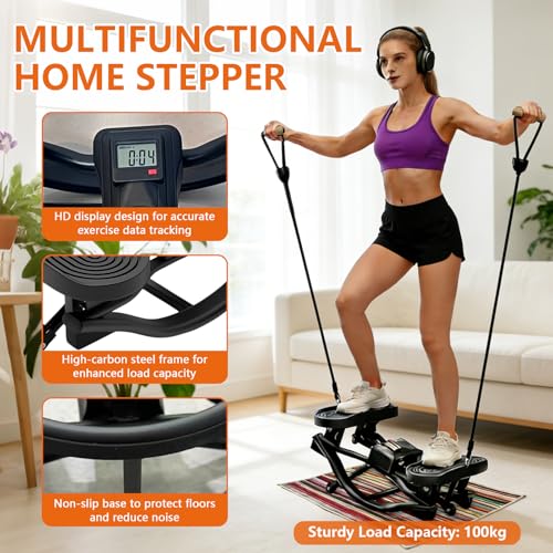 Mini Stepper, 3D Motion Rocking Steppers for Exercise at Home, Low-Impact Lateral Stair Stepper with Resistance Bands & Floor Mats, Digital Display Tracks Time Reps Calories, Full Body Workout