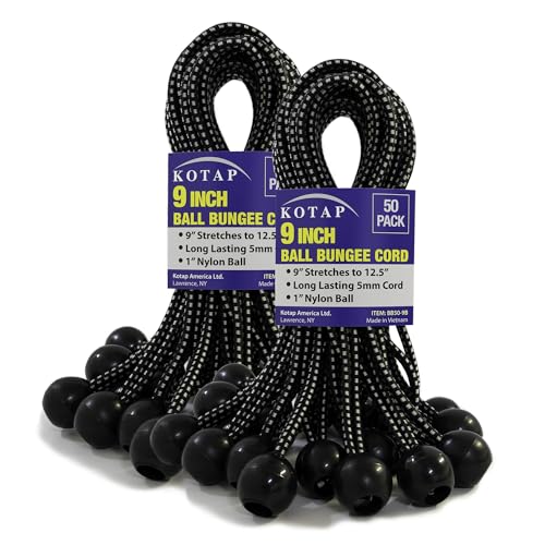 Kotap BB-9B Ball Bungee Cord, Heavy-Duty & Versatile, Indoor & Outdoor, Tarp Tie-Down, Organize & Secure, 9-Inch, Black, 50 Pack - size: 9 Inch, style: 50-Pack