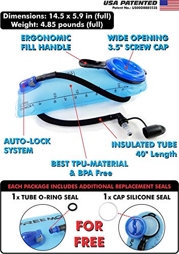 FREEMOVE Hydration Bladder 2L / 3L Water Bladder for Hiking Backpack >Blue or Green< Leak Proof Hydration Pack, Tasteless & BPA Free, TPU Water Reservoir, Quick Release Insulated Tube & Shutoff Valve