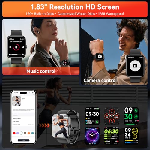 Smart Watch with Alexa Built-in, 1.83" HD Touchscreen Fitness Tracker, Bluetooth Notifications/Calls, IP68 Waterproof, 120+ Sport Modes, 24/7 Heart Rate & Sleep Monitor for iPhone Android iOS (Black) - color: Black