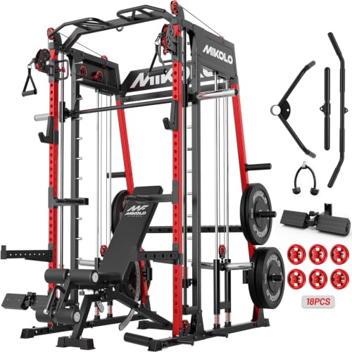 Mikolo M4 2.0 Smith Machine, 2200lbs Squat Rack with LAT-Pull Down System & Cable Crossover Machine, Training Equipment with Leg Hold-Down Attachment - color: Red, size: M4 2.0 Ultra Package (with Black BP230lbs)