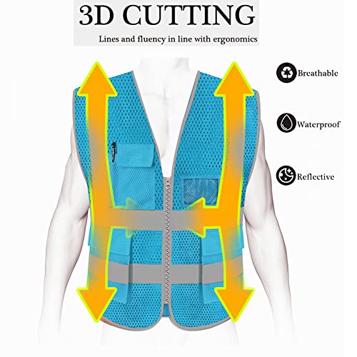 HYCOPROT High Visibility Mesh Safety Reflective Vest with Pockets and Zipper, Meets ANSI/ISEA Standards - color: Skyblue, size: Small