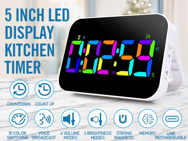 Kitchen Timer（1.5" Number）with Voice Reminder,10 RGB Color Changing Digital Magnetic Timer, Countdown/Up, Rechargeabilit, Brightness Display, 3 Volume Levels and Vibration Mode, for Classroom, Cooking - color: 5''rgb Charge+voice