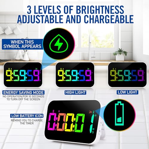 Kitchen Timer（1.5" Number）with Voice Reminder,10 RGB Color Changing Digital Magnetic Timer, Countdown/Up, Rechargeabilit, Brightness Display, 3 Volume Levels and Vibration Mode, for Classroom, Cooking - color: 5''rgb Charge+voice