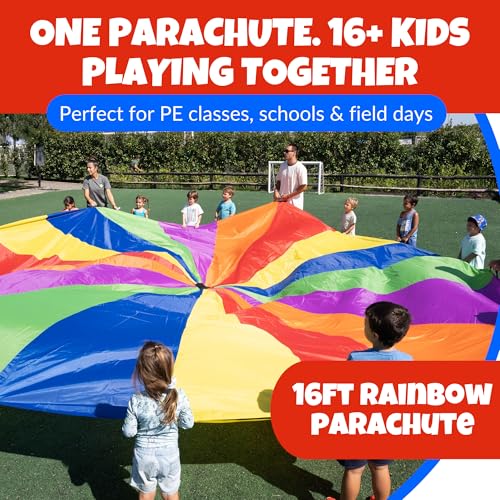 Activejoy - Parachute for Kids - 8ft /12ft / 16ft / 20ft / 24 ft / 30ft - Rainbow Parachute Toy with Handles - Great for Gym Class, Field Day & Outdoor Games - size: 16FT - 18 HANDLES