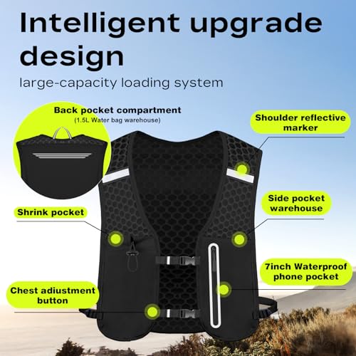 Running Vest for Women Men, Hydration Vest with 1.5L Water Bladder, 4.4 oz Ultra-Light Breathable Design, Adjustable No-Bounce Straps, Reflective Pockets for Trail Running, Marathon, Hiking, Cycling