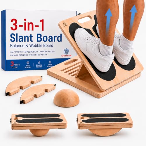 Slant Board for Exercise, 3-in-1 Wooden Calf Stretcher, Rocker Balance Board and 360° Wobble Board, 5 Adjustable Angles, Anti-Slip Surface, Training Poster Included