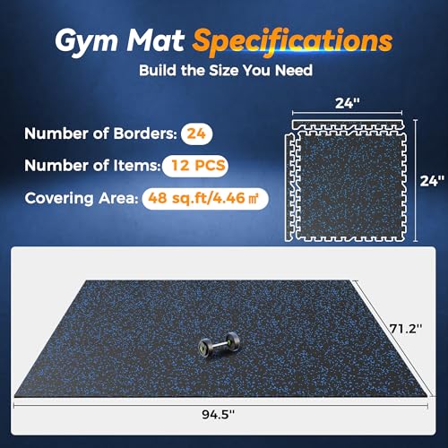 SUPERJARE 1" Extra-Thick Rubber Top Exercise Mat, Gym Flooring for Home Gym - size: 12 Tiles (48 Sq Ft)