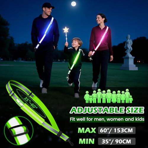 LED Reflective Belt Sash, Rechargeable LED Light Night Safety Walking Gear, High Visibility Adjustable Reflective Gear for Runners Walkers Cyclists at Night (Green) - color: Green