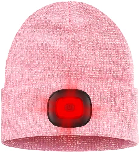 ATNKE LED Lighted Beanie Hat,USB Rechargeable 8 LED Red Glow Flashing Alarm Running Headlamp Cap Gifts for Men and Women - color: #Blended Pink Goldwire
