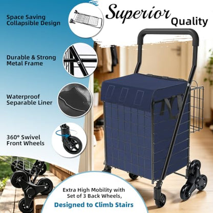 Kiffler Stair Climber Grocery Cart w/Waterproof Liner & Tri-Wheels - color: Black+blue Bag
