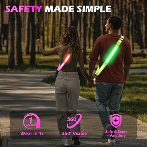 Rechargeable LED Reflective Belt Sash – High Visibility Safety Gear with 5 Colors 11 Light Modes, Adjustable Strap for Night Dog Walking, Running & Biking - color: Pink