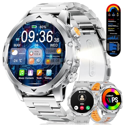 1.53'' Smart Watches for Men with 1000mAh Battery/Flashlight, Military Smart Watch with 120+ Sports Modes, Heart Rate/Sleep Monitor/IP68 Waterproof, Fitness Tracker for Android iOS, Silver - color: Silver