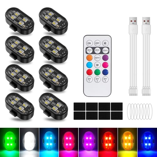 8Pcs Wireless LED Strobe Lights, 8 Colors 10 kind of Lighting effects USB Rechargeable Anti-Collision Warning Light, High Brightness LED Strobe Lights for Bike Car Drone Motorcycle Aircraft - color: 8pcs
