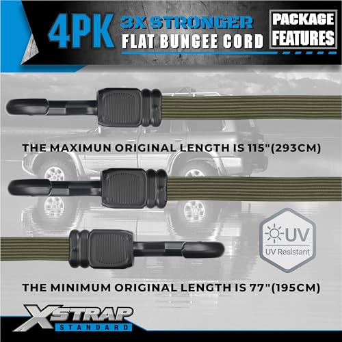 XSTRAP STANDARD 4 PCS 77 Inch Flat Bungee Cords with Hooks - color: Army Green