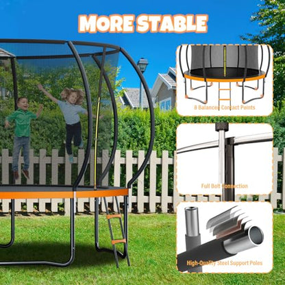 Kiivakii Trampoline 10FT 12FT 14FT 16 FT, Outdoor Trampolines for Kids and Adults, Recreational Trampolines with Curved Poles & Enclosure, ASTM Approval Round Trampoline for Backyard